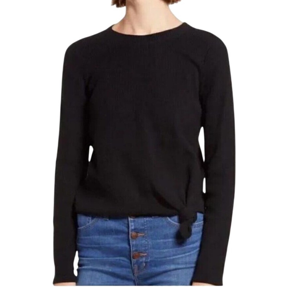 Madewell Black Ribbed Side-Tie Long‎ Sleeve Top Crew Neck Size M